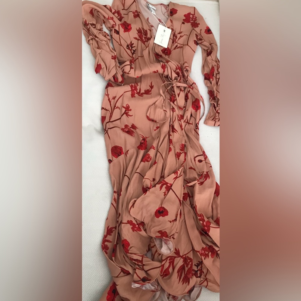 NEW Johanna Ortiz x H&M Beige Red Poppy Floral Wrap Maxi Dress Size xs
